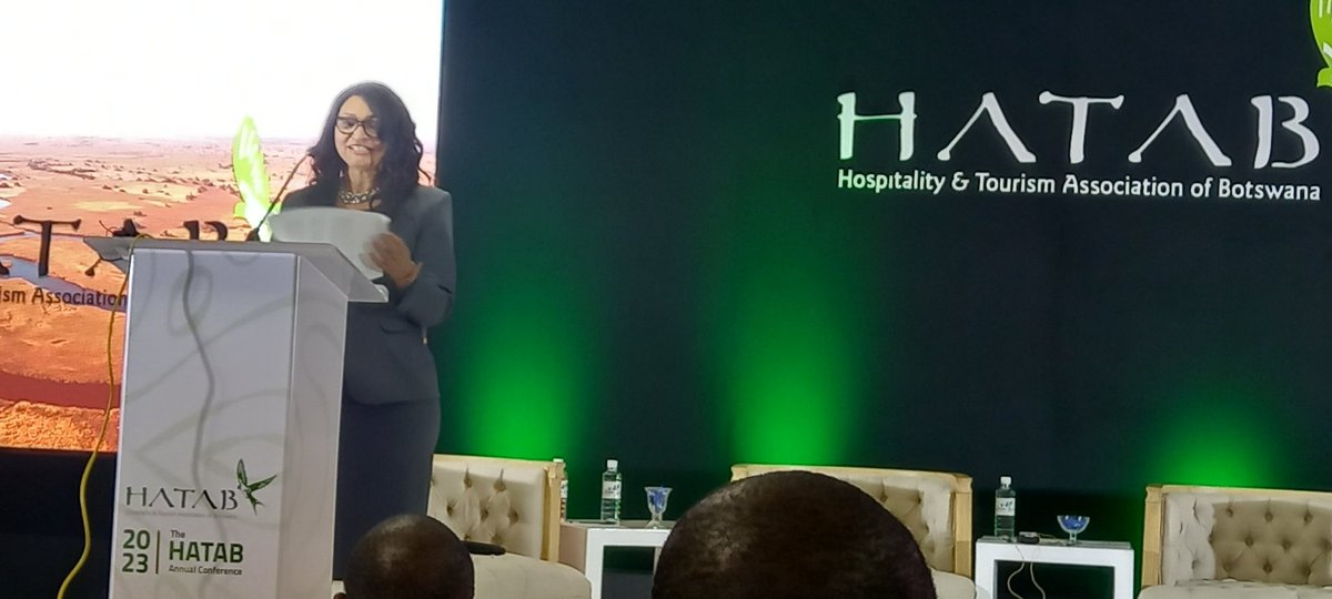 Hon Minister of Labour &amp; Home Affairs discusses the impact of legal and policy issues on the #tourism sector in Botswana esp barriers to ease of doing business <a href="/Hatab_Botswana/">HATAB</a> #HATAB2023 conference #Maun #dialogues