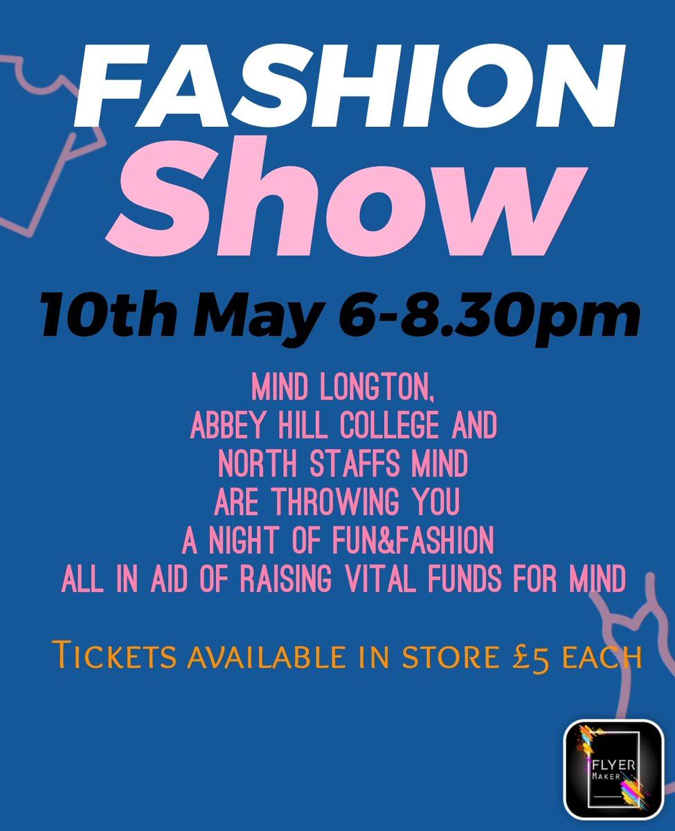10th May 6-8.30pm, we are throwing a night of fashion and fun in conjunction with Abbey Hill College and <a href="/NorthStaffsMind/">North Staffs Mind</a> all to raise vital funds for our amazing charity. Get your tickets in store, don't miss out! #longton #fashionshow #charity #MentalHealthMatters #mymindshop