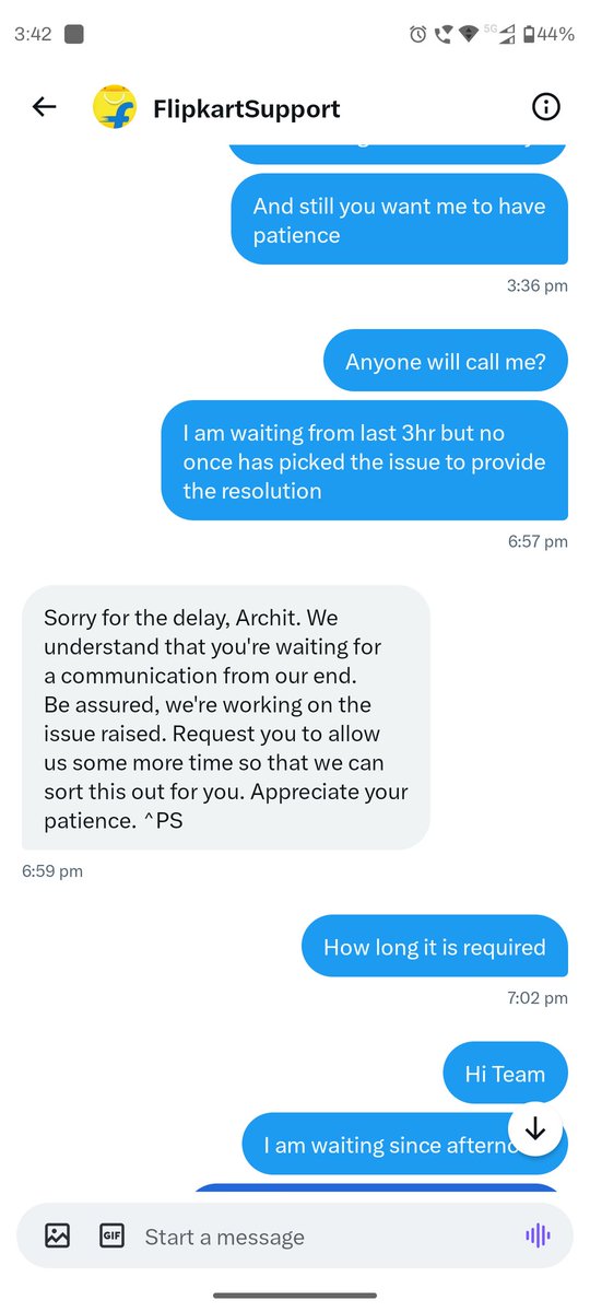 ArchitLohani44's tweet photo. @_Kalyan_K @flipkartsupport @Flipkart @consumerforum_ @consumerforum_
I tried to reach out over DM as well but none of the executive is giving me proper response, except to wait. I am already waited a month now to get the product https://t.co/w94wrl2EKv