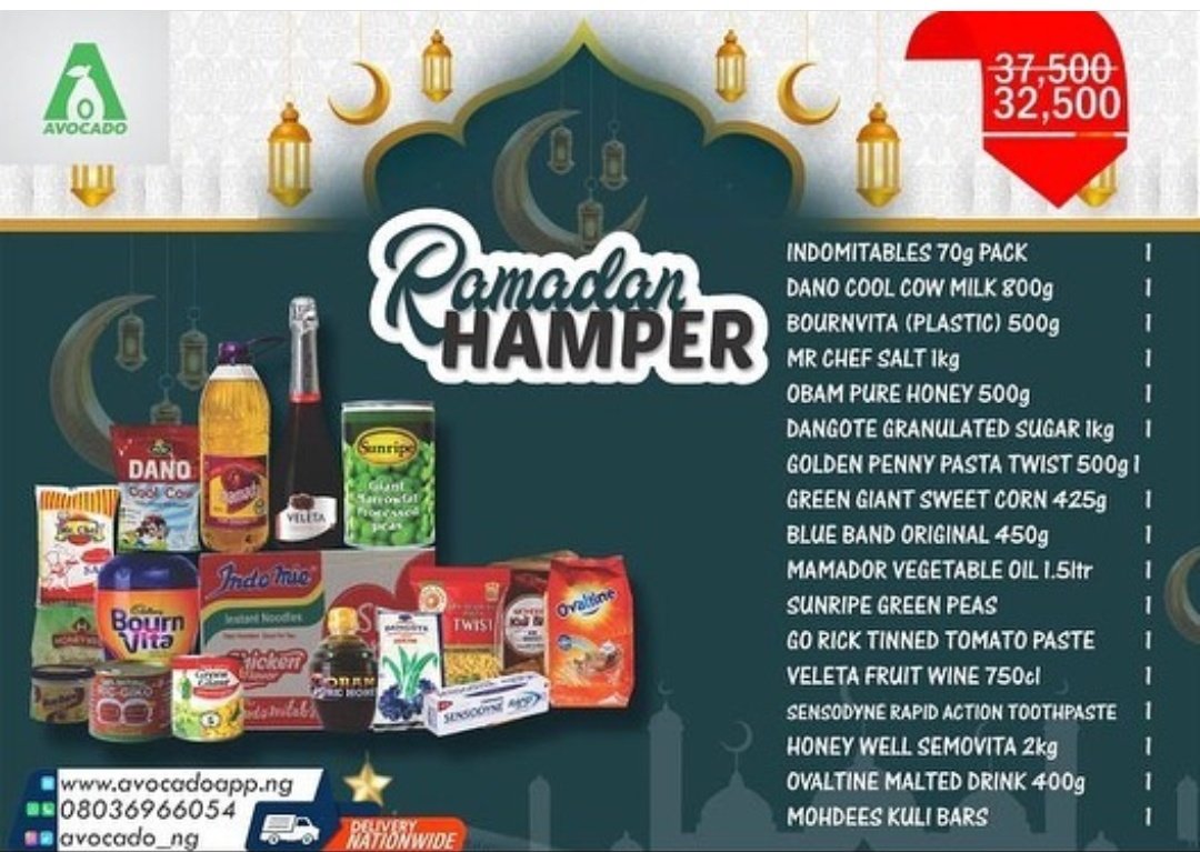 avocado_ng's tweet photo. Amazing deal from Avocado, enjoy a good discount off this Ramadan hamper packages.

Order now on Avocado and have it delivered within 20 minutes. Share this with your Muslim friends. 
#avocado #Ramadan #GroceryDelivery 
#ramadan 
#EidAlFitr https://t.co/DZfW9QQhsZ