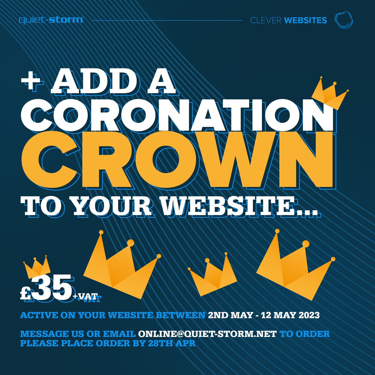 QuietStormOOO's tweet photo. We can't wait for bank holiday! We'll be celebrating the coronation of our new king. Get in touch to add some graphics to your website to mark the occasion.

Email online@quiet-storm.net to order now. QS website clients only!! 🚨 https://t.co/2xQAQNZWuS