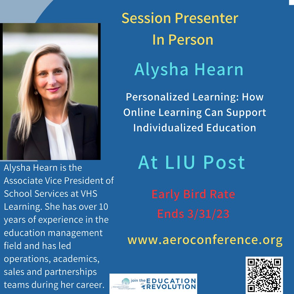 edualternatives's tweet image. We're very pleased that Alysha Hearn from @VHSLearning one of our conference sponsors will be presenting on how online learning can support individualized education LIU Post.  You can register for the conference at aeroconference.org .#individualizedlearning #OnlineLearning