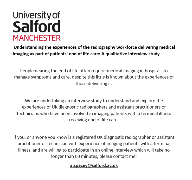 Are you a radiographer or an assistant working in the UK? If so, please consider taking part in an online interview <a href="/HeaslipVanessa/">Professor Vanessa Heaslip</a> <a href="/KSzczepura/">Katy Szczepura, PhD</a> <a href="/mercer_claire/">Dr Claire Mercer</a>