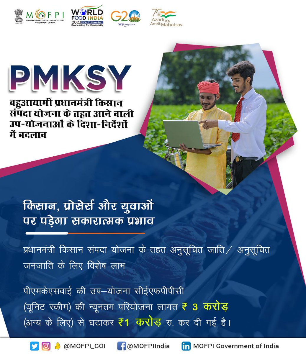 MOFPI_GOI's tweet photo. खाद्य प्रसंस्करण उद्योग मंत्रालय की #PMKSY की उप-योजना #CEFPPC (यूनिट स्कीम) की न्यूनतम परियोजना लागत अनुसूचित जाति/अनुसूचित जनजाति के लिए ₹ 3 करोड़ (अन्य के लिए) से घटाकर एक करोड़ रु. कर दी गई। 

अधिक जानकारी के लिए: https://t.co/zYzJbmUvrN

#WorldFoodIndia2023 #IYM2023 https://t.co/Cum7veCUWS