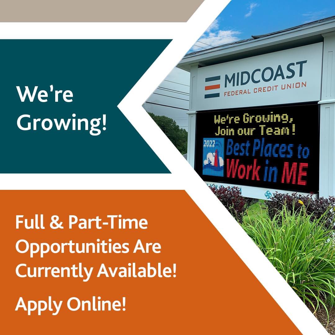 MidcoastFCU's tweet photo. We're growing!  Join one of the Best Places to Work in Maine! Check out the full listings on our careers page >> https://t.co/qvHcwU7cei
 #liveworkmaine #midcoastmaine https://t.co/RC8v9MoQiz