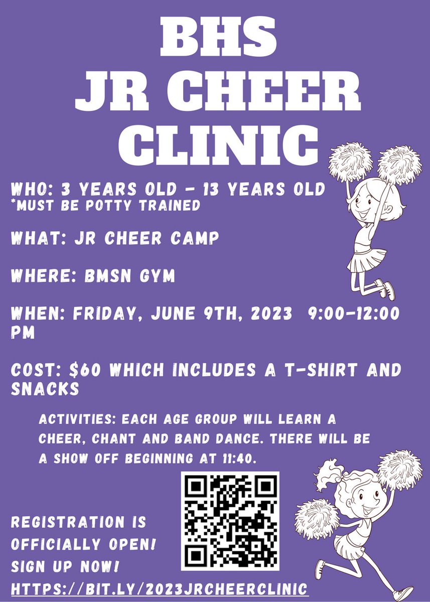 Register now for our JR Cheer Clinic! 

BIT.LY/2023JRCHEERCLI…