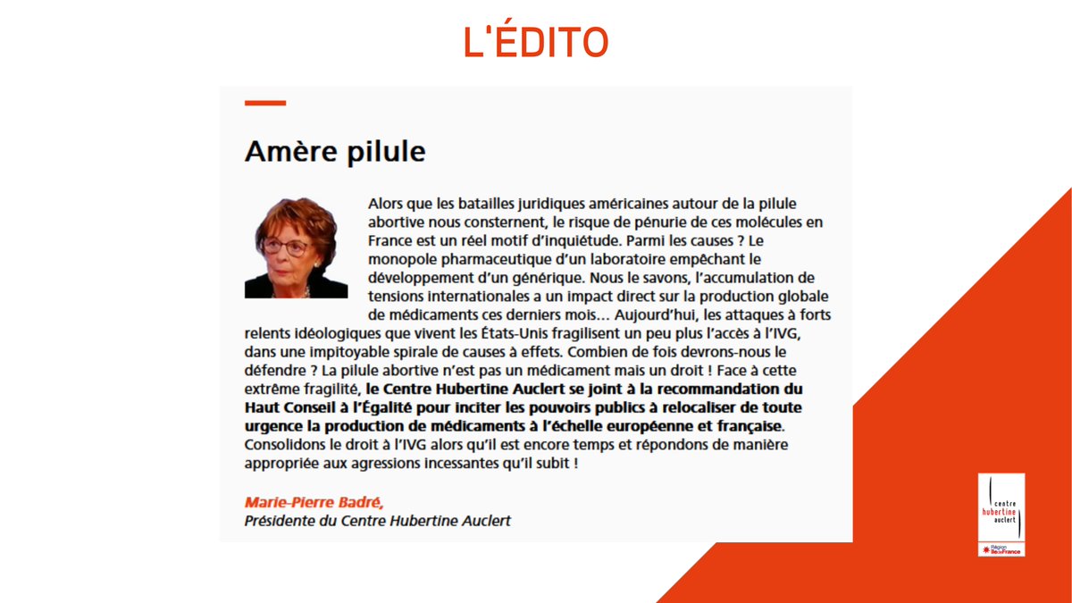 CentreHubertine's tweet photo. La dernière #Cybertine du @CentreHubertine est en ligne ! "Alors que les batailles juridiques américaines autour de la pilule abortive nous consternent, le risque de pénurie de ces molécules en France est un réel motif d’inquiétude." @mpbadre 👉 https://t.co/Z2aK5Nzo4o https://t.co/lk1N4WFEQv