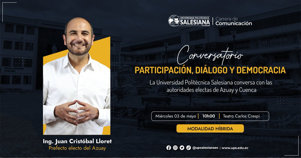Los estudiantes de <a href="/upsalesianaec/">Universidad Politécnica Salesiana</a>  sus dudas y propuestas al Prefecto del #Azuay electo (2023-2027) @JuanCristobalLloret en un conversatorio organizado por nuestra Carrera.
Transmisión 📷 por #Comunicatv e #HíperRadio, canales de nuestros estudiantes 👉facebook.com/ComunicaCanalTV