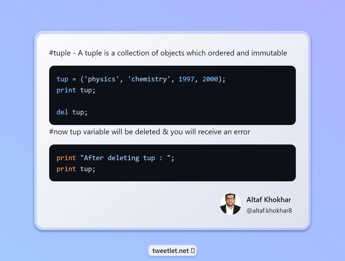 AltafKhokhar8's tweet image. #pythonprogramming #python #learnpython #pythontutorial #100daysofcodepython #100daysofcodechallenge #SoftwareDeveloper
python | tuple - is collection of diff type of objects