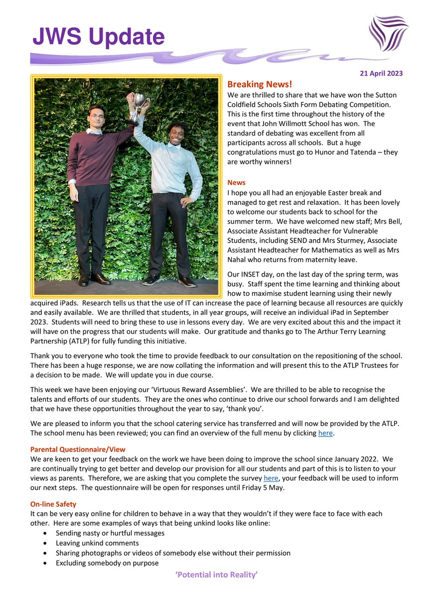 TRSSchool's tweet photo. Out latest JWS Update is out now #debatewinners
#sixthformdebating #onlinesafety #parentview #attendance #potentialintoreality @the_atlp https://t.co/wsZOGA1m8P