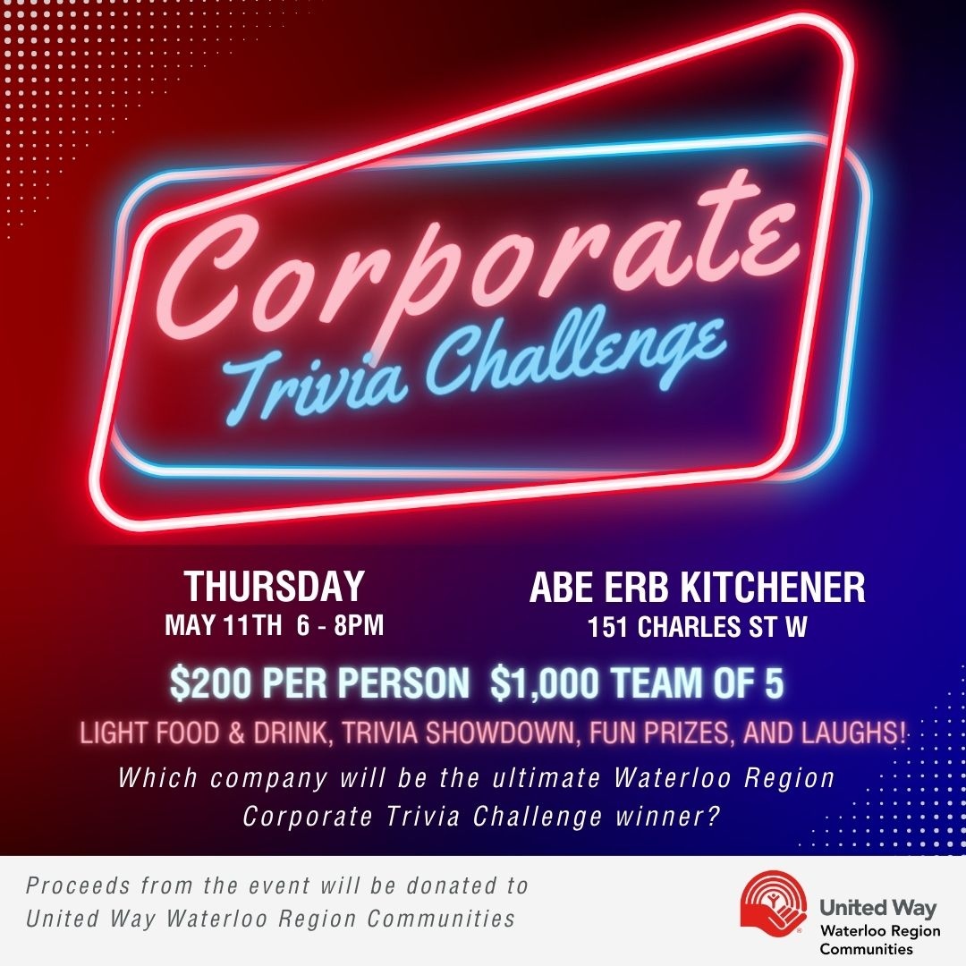 UnitedWayWRC's tweet image. We’re running out of time for all you trivia buffs to join in a great night with your colleagues! Come as a team and join the UWWRC Corporate Trivia Challenge. Individual participants welcome as well and we can connect you with a team! Register at link! ecommunity.uwaywrc.ca/comm/SinglePag…