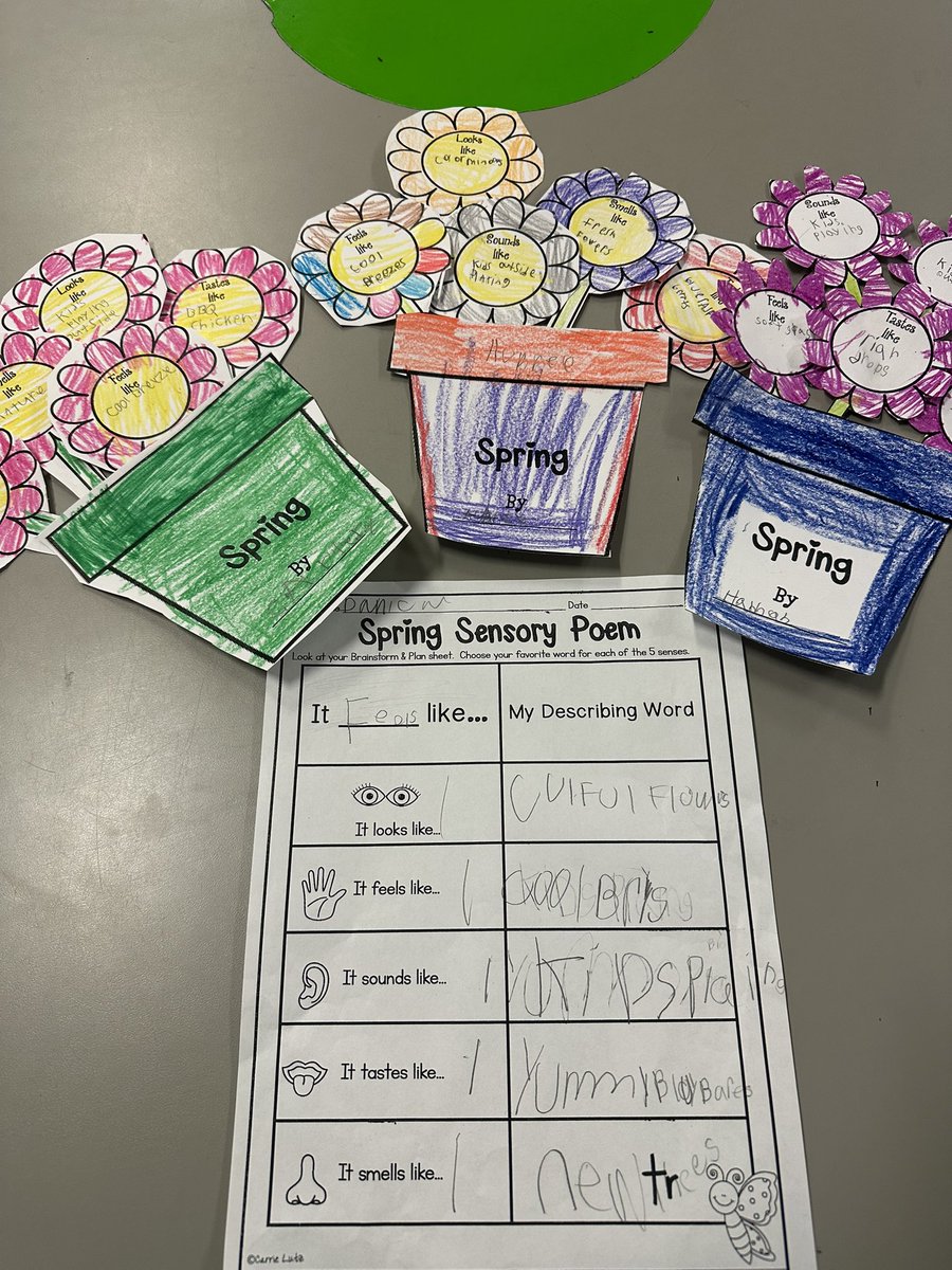 mrsnurski's tweet image. First graders have been working on sensory poems about spring this week! These have been so fun to work on &amp;amp; turned out so cute! 😊 #writingfun #springishere #atthebergh