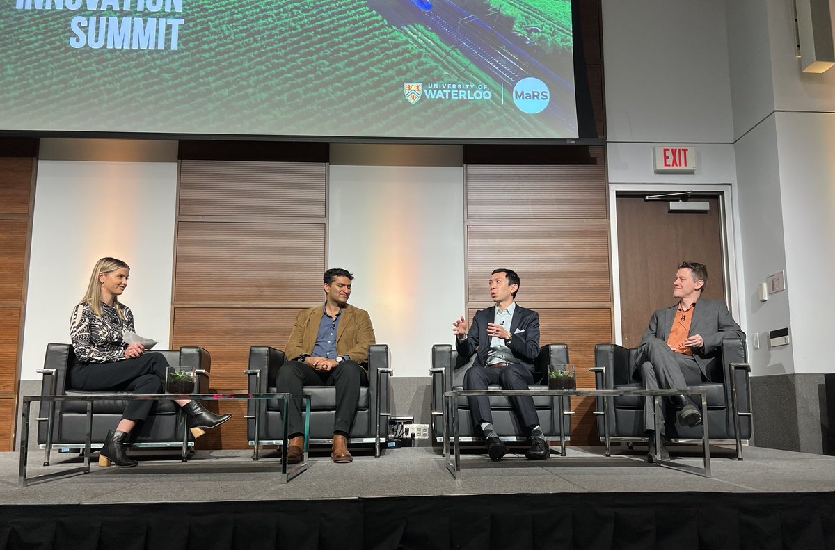 UWaterloo's tweet photo. Canadian Business’ Laura Hensley (@LolaHensley) chats with Remi Desa (@pantoniuminc), Jeremy Wang (Ribbit), &amp; Ryan Janzen (@TransPod_Inc), all top innovators who are moving the needle (and the people and products) toward a more sustainable &amp; equitable future. | #UWaterlooSummit https://t.co/ZzxCRvcNch