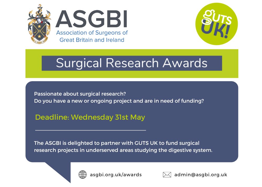 asgbi's tweet photo. ASGBI is delighted to partner once again with @GutsCharityUK to fund surgical research projects in underserved areas studying the digestive system.
More Info⬇️
https://t.co/qeTqYIgwtm
Application Deadline: 31st May
@susanmoug @wannabehawkeye https://t.co/R688b13X2u