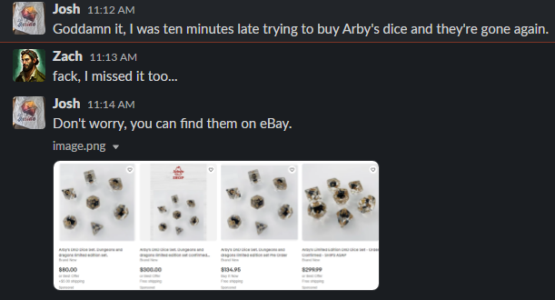 gsd_podcasts's tweet photo. Latest drama on our work Slack.
#ArbysDice https://t.co/zEeeA7bVRa