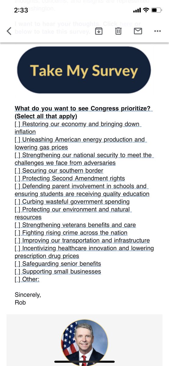 cgryp's tweet photo. .@RobWittman I really appreciate that you are surveying constituents on topics important to us. Can you please add “Reducing Gun Violence” and “Mental Health” to your survey and email an updated version so you can truly understand constituent interest in these issues. https://t.co/MgZa93n5sz