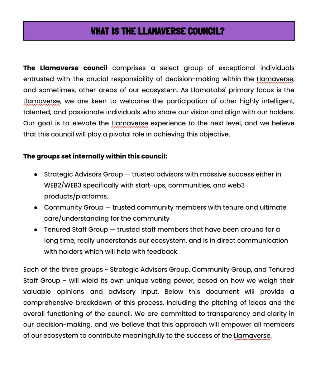 Introducing the Llamaverse council.
We are focused on building the BEST WEB3 inner circle around financial resources in the space.

With this, we need to ensure we are aligned with both our holders and successful individuals.

Learn more in our discord:
discord.gg/llamaverse