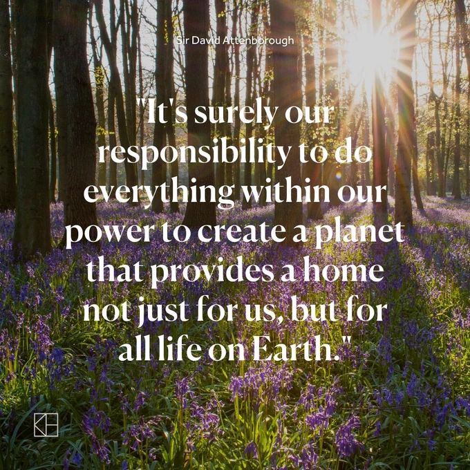 David Attenborough quote on a background of woodland with bluebells and sun flare with a Kiss House makers mark