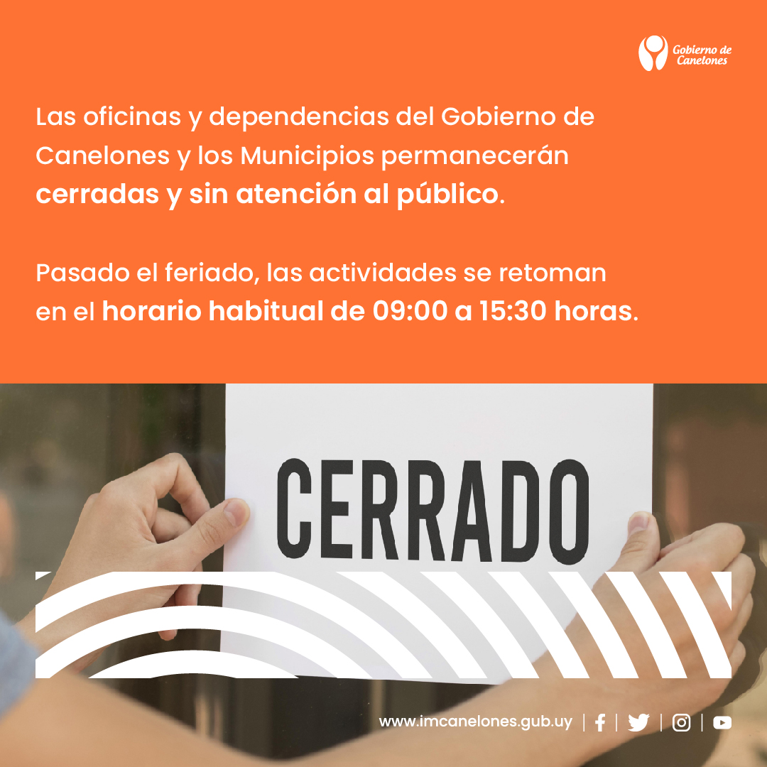 IdCanelones's tweet photo. 🟠Este 24/4 al conmemorarse el Día de los Municipios de América, todas las oficinas, municipios y dependencias del Gobierno de #Canelones permanecerán cerradas y sin atención al público. 

Las actividades se retoman con normalidad el 25/4 en horario habitual de 9 a 15:30 hs. https://t.co/dcBPJam5mC