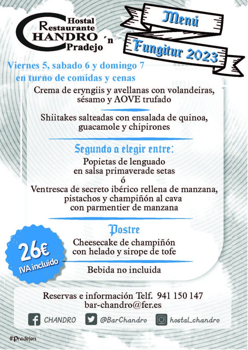 BarChandro's tweet photo. Se acerca #fungitur2023 y ya esta aquí nuestro menu para los dias 5,6 y 7 de mayo. En turno de comidas y cenas. 
Reserva ya, no te quedes sin mesa https://t.co/Az11UggQOz