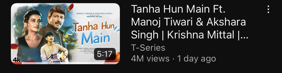 visshnumittal's tweet photo. My Son #KrishnaMittal’s song #TanhaHunMain has crossed 4 Million views in 24 hours from release and T-Series now made song Banner as Cover on YouTube main channel …
#ProudFather https://t.co/CH0Cj3ukKO