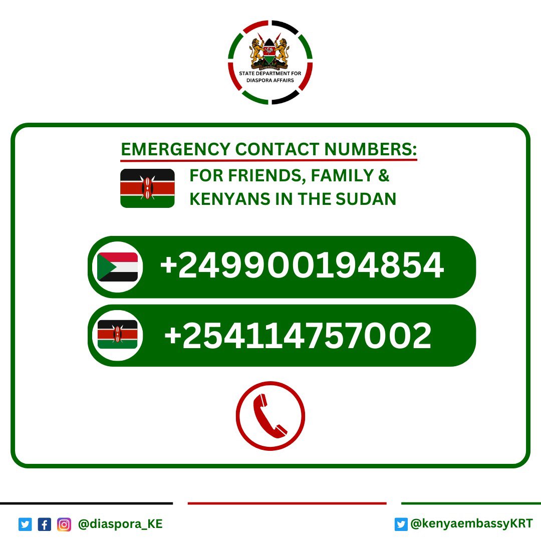 ‼️REGISTER FOR EVACUATION‼️

Kenyans in Sudan: if you want to evacuated, URGENTLY text/WhatsApp us:
Your name
Passport number 
Exact location 
Number &amp; details of people in your household 
<a href="/Diaspora_KE/">State Department for Diaspora Affairs | Kenya</a> <a href="/ForeignOfficeKE/">State Department for Foreign Affairs | Kenya</a> <a href="/citizentvkenya/">Citizen TV Kenya</a> <a href="/ntvkenya/">NTV Kenya</a> <a href="/KBCChannel1/">KBC Channel 1 News</a> <a href="/K24Tv/">K24 TV</a> <a href="/KtnKenya/">Ktn</a>