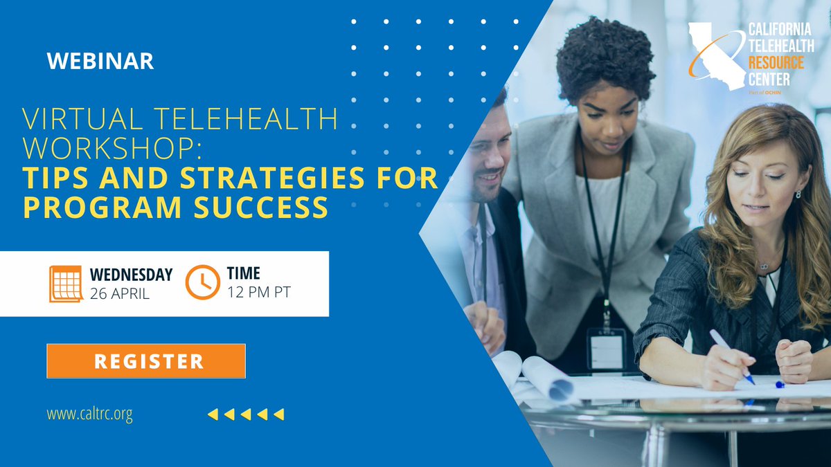 CaliforniaTRC's tweet image. Register for our #TelehealthWorkshop and learn tips and strategies for #ProgramSuccess! This #FREE workshop will cover change management best practices, telehealth patient and provider satisfaction, and long-term operational considerations.
#telemedicine #telehealth #workshop