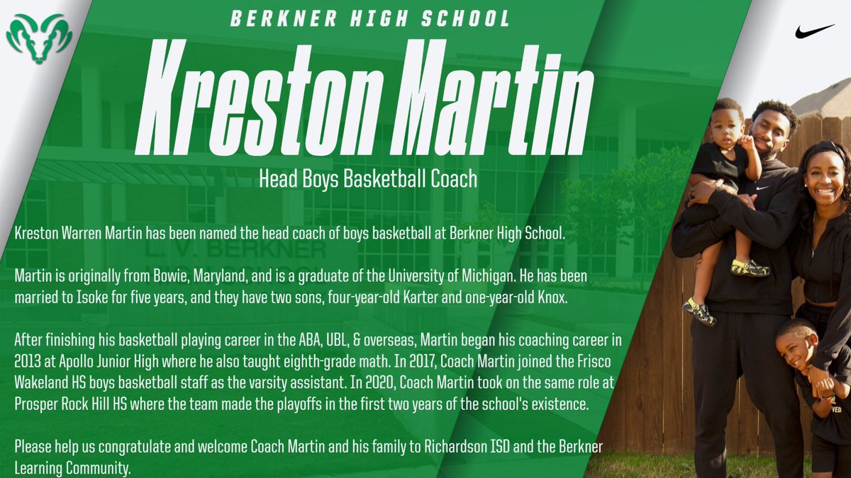 Berkner Athletics (@berknerathletic) on Twitter photo 🚨 BREAKING NEWS🚨
WE HAVE A NEW BOYS BASKETBALL COACH!
Ram Nation, Please help us congratulate and welcome <a href="/KoachMartin/">Kreston Martin</a> to the Herd! 🚨 BREAKING NEWS🚨
WE HAVE A NEW BOYS BASKETBALL COACH!
Ram Nation, Please help us congratulate and welcome <a href="/KoachMartin/">Kreston Martin</a> to the Herd!