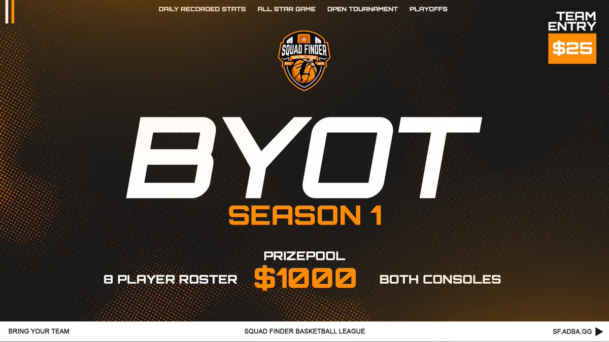 2kDiscord's tweet image. 🫥 Squad Finder BYOT Season 1 🫥

💰 $1000 Prize Pool 
📊 Daily Kept Accurate Stats 
🏟️ Open Tournament 
✨Playoffs 
🏀 All Star Game 

$25 Team Entry Fee 

🪧 Register ➡️ sf.adba.gg/click-to-regis…

OPEN BRACKET RELEASED MONDAY! Seeding based on signup order!