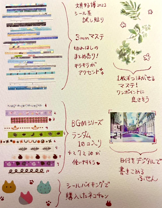 文具女子博購入品のシール系の一部〜!実際貼ってみると印象変わる😊細いマステ使いやすいので種類が増えてうれしみ 