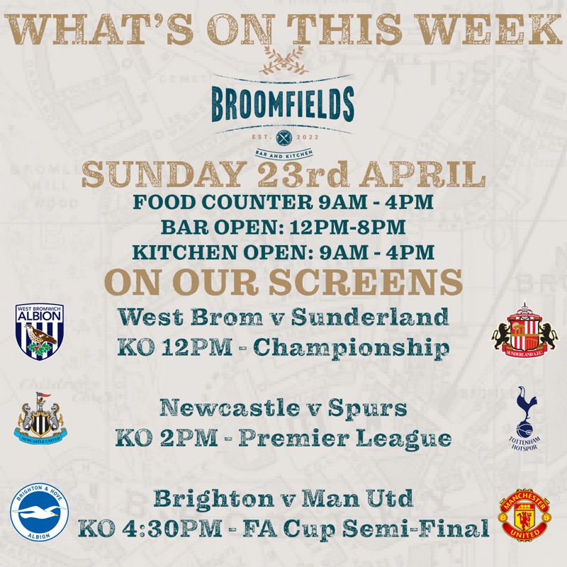 BroomfieldsBR2's tweet photo. 𝗧𝗵𝗶𝘀 𝗪𝗲𝗲𝗸𝗲𝗻𝗱

Our final @bromleyfc Match day is here &amp; hopefully a win for the play-off's. However we also have some premier league over the course of the weekend PLUS the FA CUP Semi-Final's on our screens. 

#hellobroomfields #livesport  #premierleague #FACup