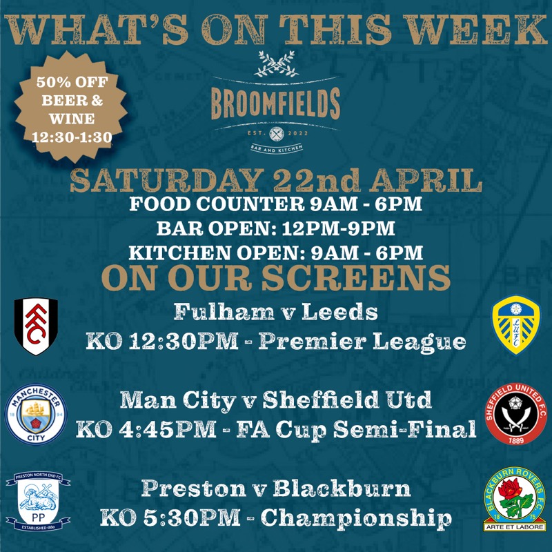 BroomfieldsBR2's tweet photo. 𝗧𝗵𝗶𝘀 𝗪𝗲𝗲𝗸𝗲𝗻𝗱

Our final @bromleyfc Match day is here &amp; hopefully a win for the play-off's. However we also have some premier league over the course of the weekend PLUS the FA CUP Semi-Final's on our screens. 

#hellobroomfields #livesport  #premierleague #FACup