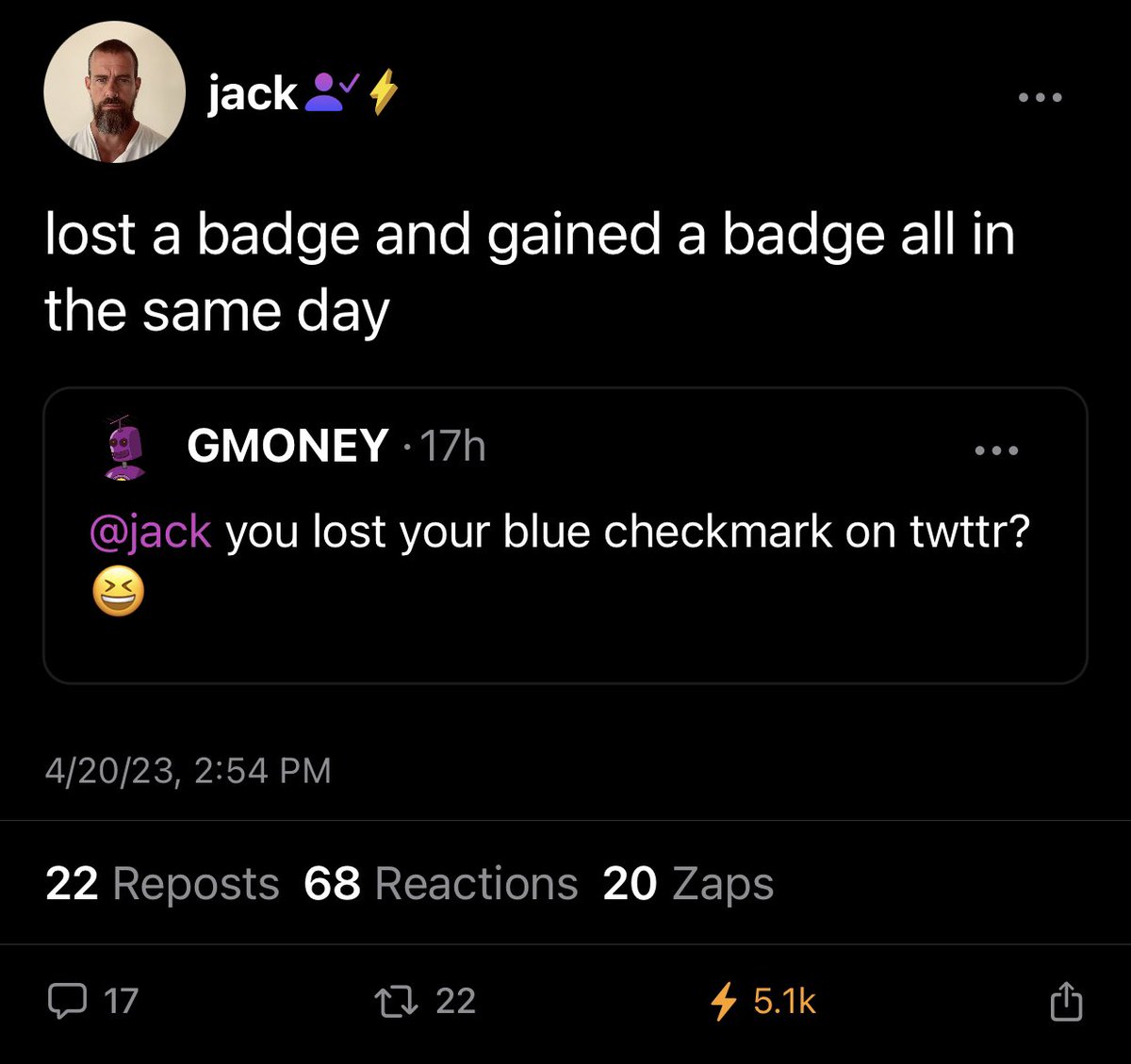 WalkerAmerica's tweet photo. Jack Dorsey loses blue check on Twitter, gains #onlyzaps lightning bolt on #nostr ⚡️
Probably nothing… 👀 https://t.co/QrngZWZlqR