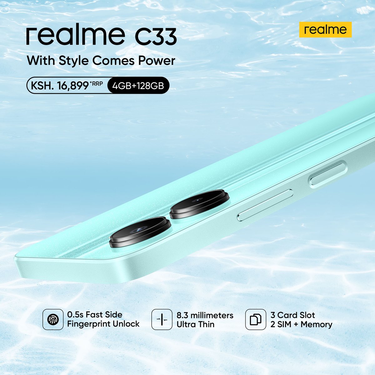 realmeKenya's tweet photo. Lightining fast and secure unlock. Now available even with alarger storage.

Get #realmeC33 (4GB+128GB) at an RRP of Ksh. 16,899/-.
#WithStyleComesPower #realmeC33 #LargeStorage https://t.co/gJERLxdNE8