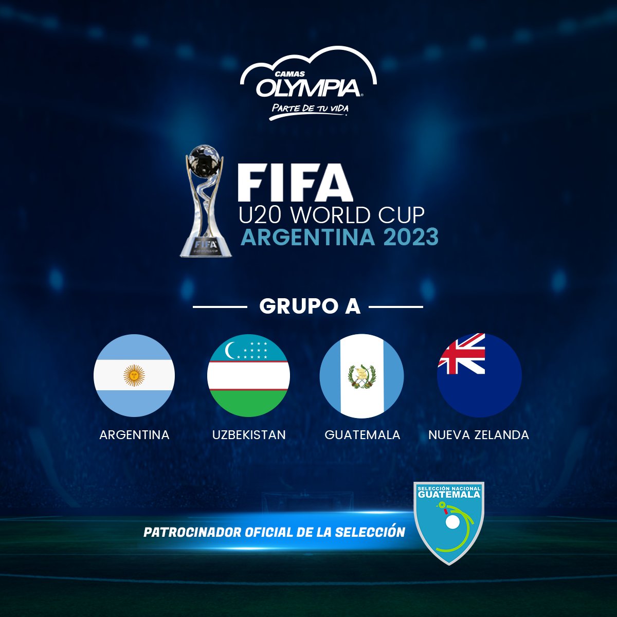 CamasOlympiaGT's tweet photo. ⚽️🇬🇹💙 Los rivales de nuestra
selección mundialista en el Mundial U-20 de la FIFA
Argentina 2023.

GRUPO A
🇦🇷Argentina
🇺🇿Uzbekistán
🇬🇹Guatemala
🇳🇿Nueva Zelanda

#SeleSub20 #VamosGuate #ModoSelección #U20WC
#CamasOlympia #SueñosOlympia #MundialistaSub20
💪 https://t.co/iWvkqIzJ4U