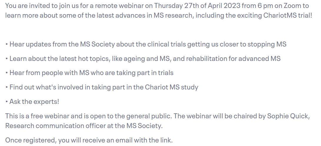 BHRUT_Research's tweet photo. If you are interested in hearing some of the latest updates about #MultipleSclerosis research, @KlausSchmierer and the ChariotMS team are hosting a FREE webinar event for anyone to attend on Thurs 27 April 2023!
Follow the link to register your interest: https://t.co/er4i7ulsgX https://t.co/jfZyG7HdS3