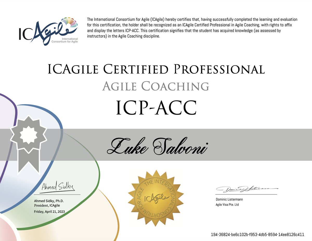 lsalvoni's tweet photo. Today I am proud to share the outcomes from my recent @ICAgile training sessions; I have gained the ICP-ACC (Agile Coaching) and ICP-ATF (Agile Team Facilitation) credentials! Looking forward to applying  the new knowledge having expanded my toolkit as a #Scrum practitioner. https://t.co/MQvjrqktIa