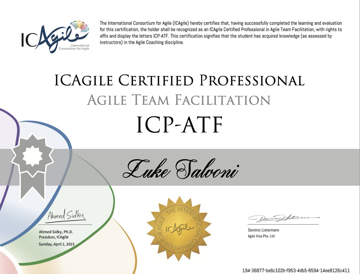 lsalvoni's tweet photo. Today I am proud to share the outcomes from my recent @ICAgile training sessions; I have gained the ICP-ACC (Agile Coaching) and ICP-ATF (Agile Team Facilitation) credentials! Looking forward to applying  the new knowledge having expanded my toolkit as a #Scrum practitioner. https://t.co/MQvjrqktIa