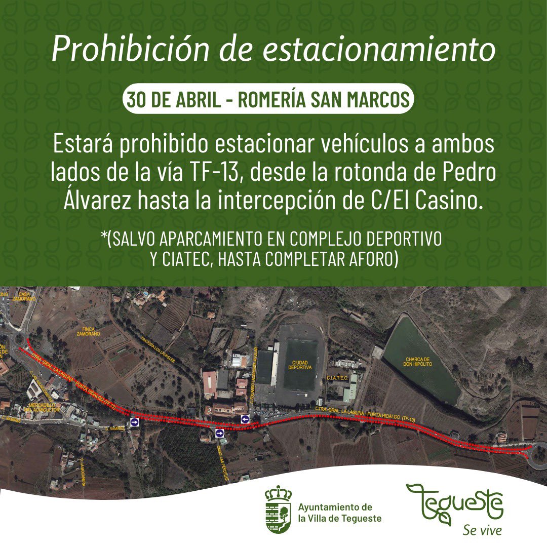 PTegueste's tweet photo. ℹ️Informamos que, con motivo de la Romería de San Marcos, que tendrá lugar el próximo 30 de abril, se llevarán a cabo cierres de carretera y prohibiciones de aparcamiento en determinadas zonas para garantizar la seguridad de todos los participantes del evento. https://t.co/uXjZM2lJOM