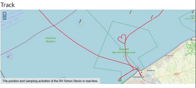 jmeesvliz's tweet photo. This week's cruise track of RV Simon Stevin as recorded in our data acquisition system. Happy to be back in home port #Oostende I guess❤️ https://t.co/VHxdfMluPa