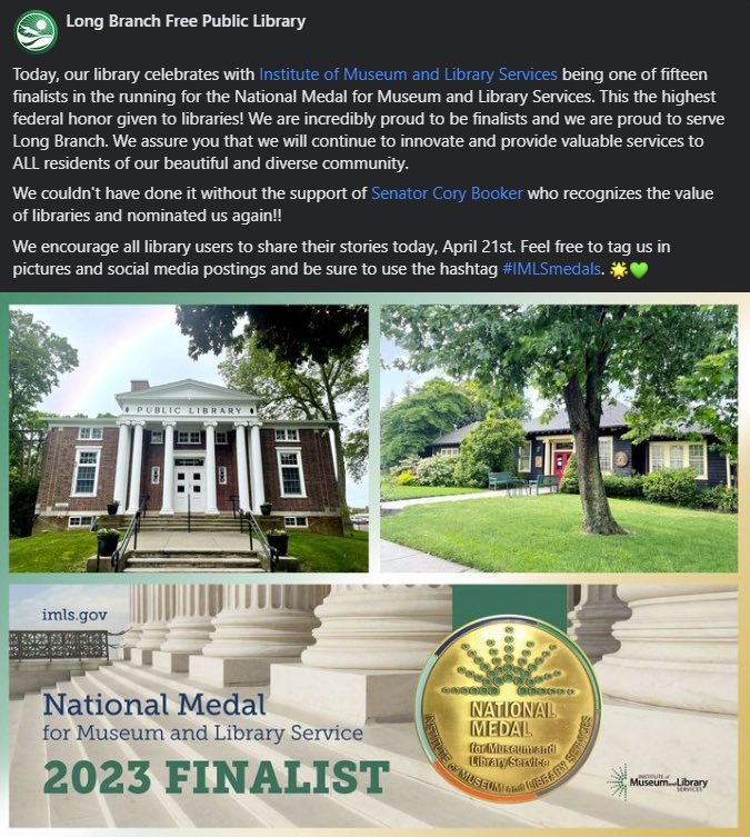 We are one of fifteen libraries nationwide to be honored as a finalist for the National Medal for Museum and Library services! Please tag us and share YOUR story with us by using the hashtag #IMLSmedals