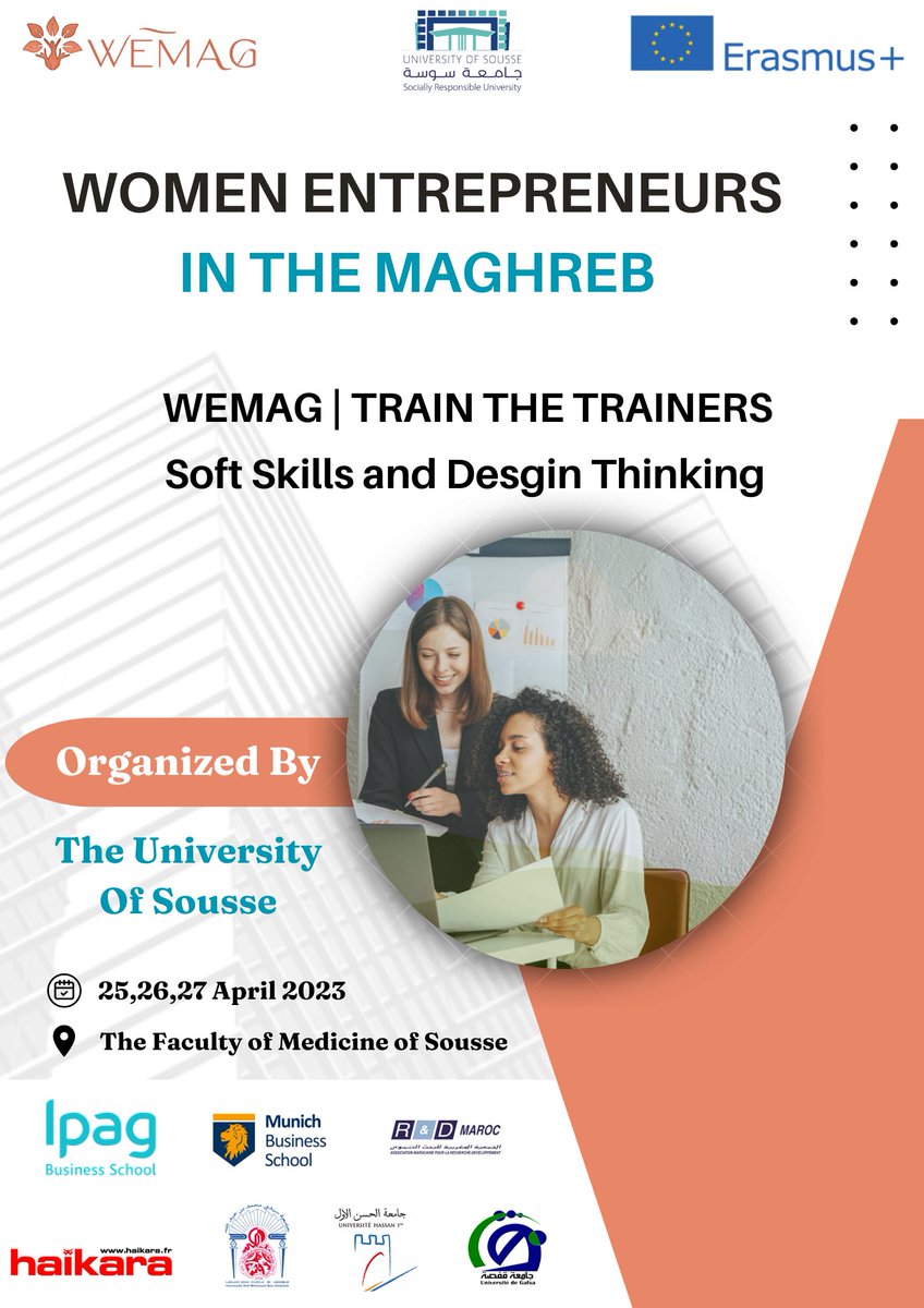 Univ_of_sousse's tweet photo. ℹ️ We are excited to #announce that the #WEMAG project will take place on April 25th,26th and 27th at the Faculty of #medicine of Sousse.
✅Thank you to everyone who has shown interest in the upcoming #training_session as part of the WEMAG project.
#entrepreneurship #softskills https://t.co/BojCDeEDvP