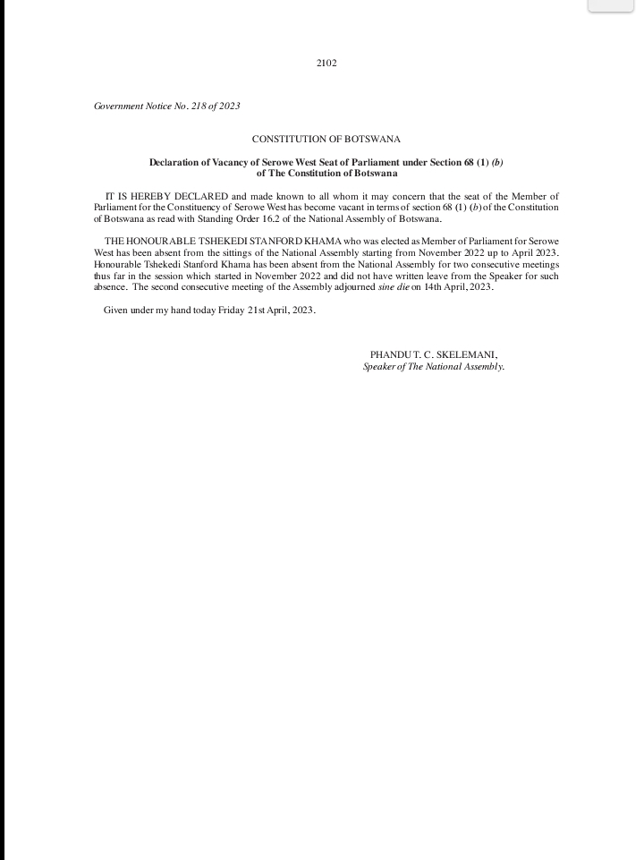 BOTSWANA GOVERNMENT GAZZETTE EXTRAORDINARY

Declaration of Vacancy of Serowe West Seat of Parliament Under Section 68 (1) (b) of The Constitution of Botswana