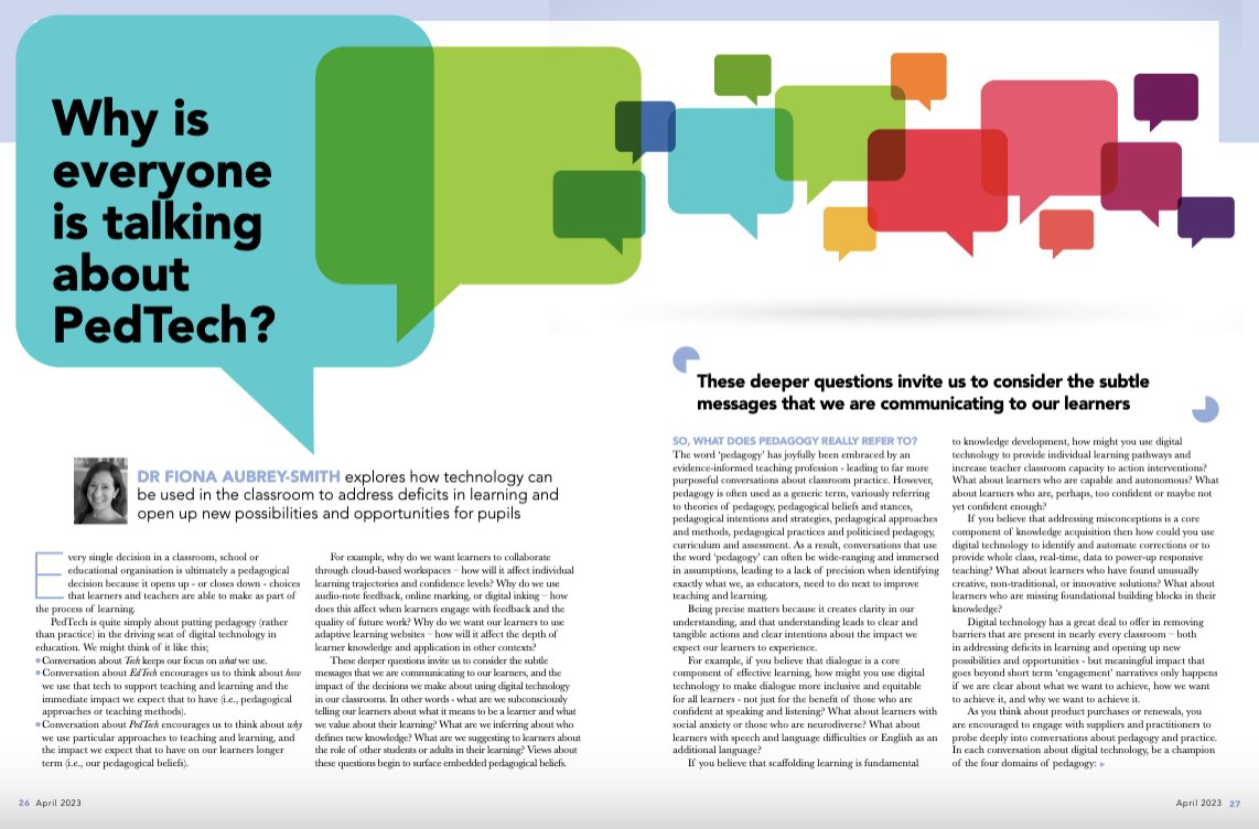 Dr Fiona Aubrey-Smith (@fionaas) on Twitter photo "Every single decision in a school is ultimately a pedagogical decision because it opens up or closes down choices available to teachers and learners"
Just published by <a href="/EdExec/">Education Executive</a> - about #PedTech
issuu.com/edexec/docs/ed⦠"Every single decision in a school is ultimately a pedagogical decision because it opens up or closes down choices available to teachers and learners"
Just published by <a href="/EdExec/">Education Executive</a> - about #PedTech
issuu.com/edexec/docs/edā¦