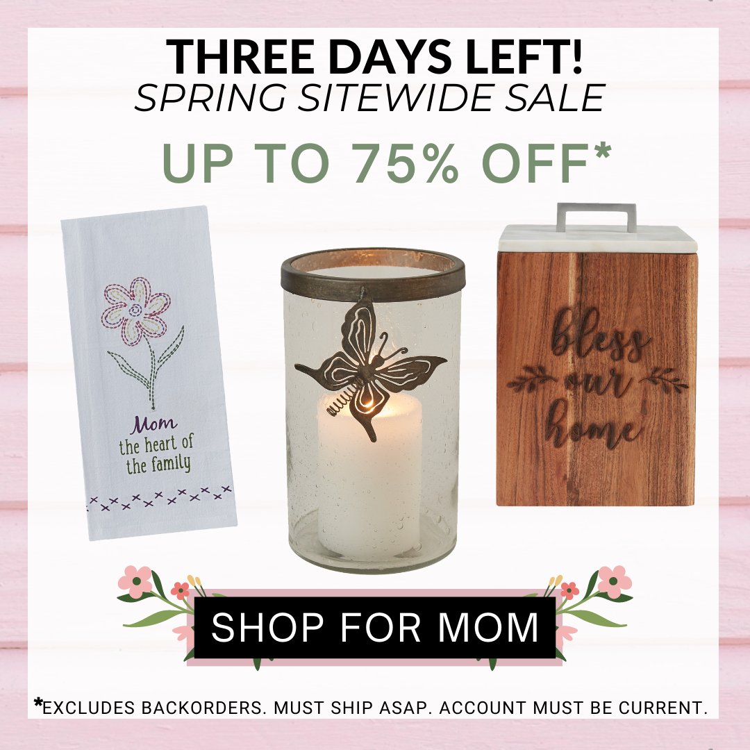 ParkDesigns's tweet photo. Spring Sitewide Sale! Up to 75% off* on our site, find the perfect gift for Mom. 4/20/23-4/23/23. Shop https://t.co/PlopXHbuH2 

*No backorders, must ship ASAP, and account must be current.
#homedecor #mothersday #springsale #giftsformom #giftsforher #springdecor #parkdesigns https://t.co/MqZreiiSic