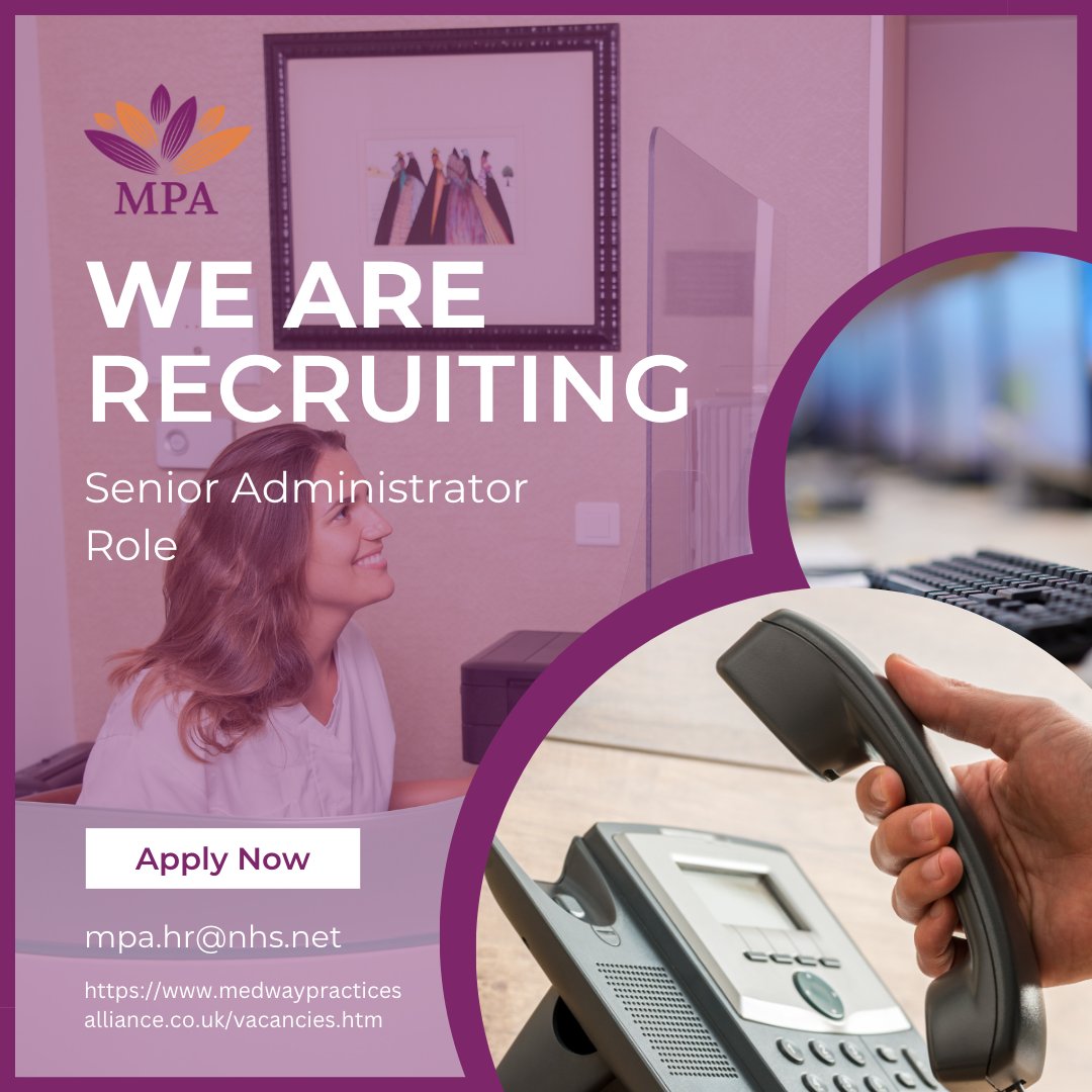 MPA is recruiting for a senior administrator role vacancy at Princes Park Medical Centre.

All information regarding the role and how to apply can be found on the MPA Group Practices website:

mpagrouppractices.co.uk/recruitment.htm