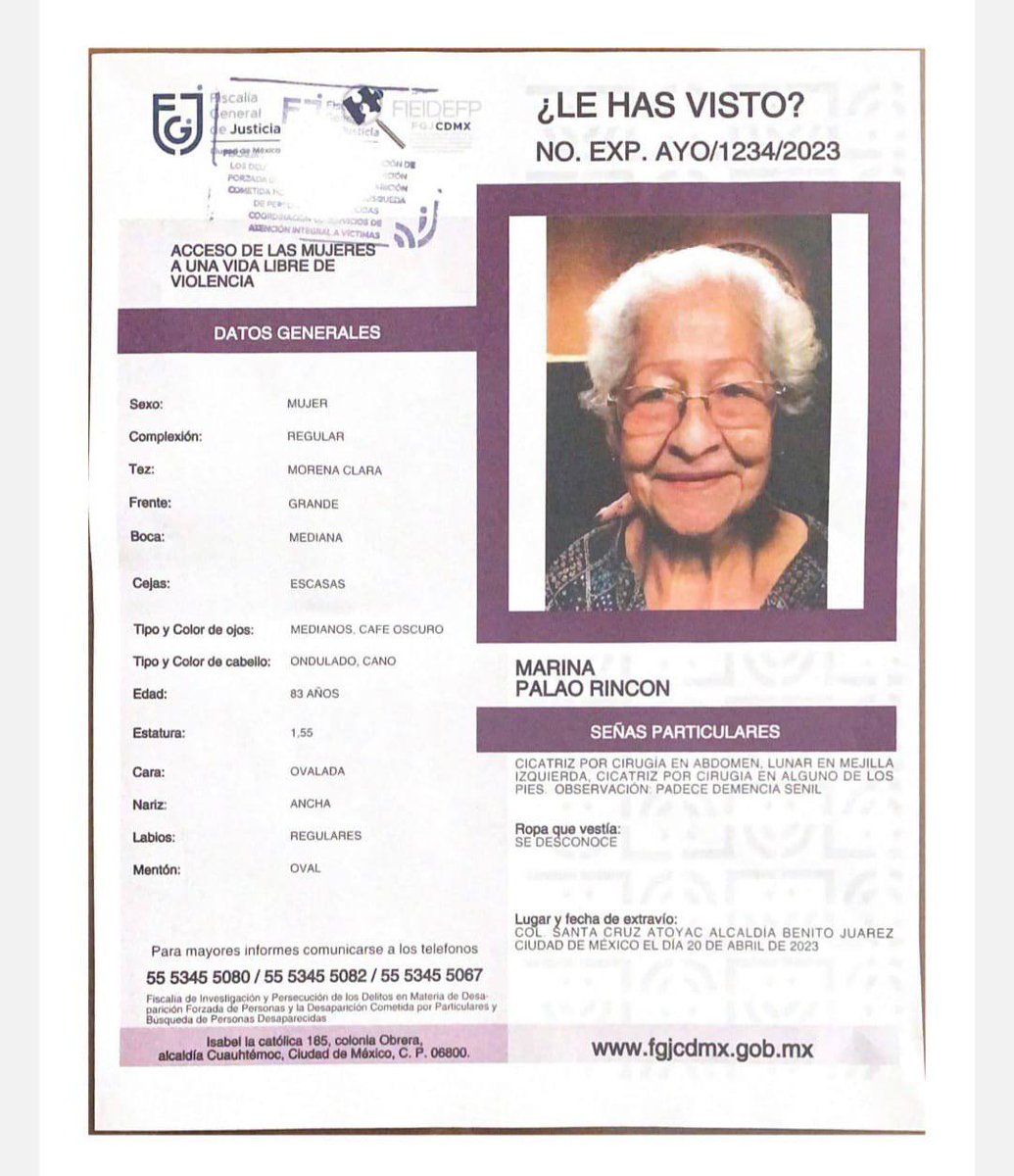 adnnoticiasmx's tweet photo. 🚨 ¡Necesitamos tu ayuda!  

Marina Palao Rincón de 83 años fue vista por última vez en la Col. Santa Cruz Atoyac en la @BJAlcaldia el 20 de abril 

Cualquier información es de ayuda, contáctate a este número: 📞 55 53455080 https://t.co/s9xeQ8ZkxP