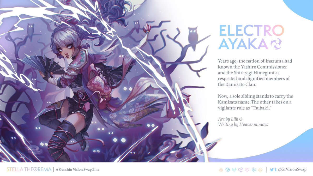 lilliangst's tweet photo. finally posting the preview of my electro ayaka design for @GIvisionswap , a genshin vision swap zine!! had so much fun trying to make @heavenminutes ‘s characterization of her come to life ✨

#GenshinImpact #原神 https://t.co/5YX6HnlsWp