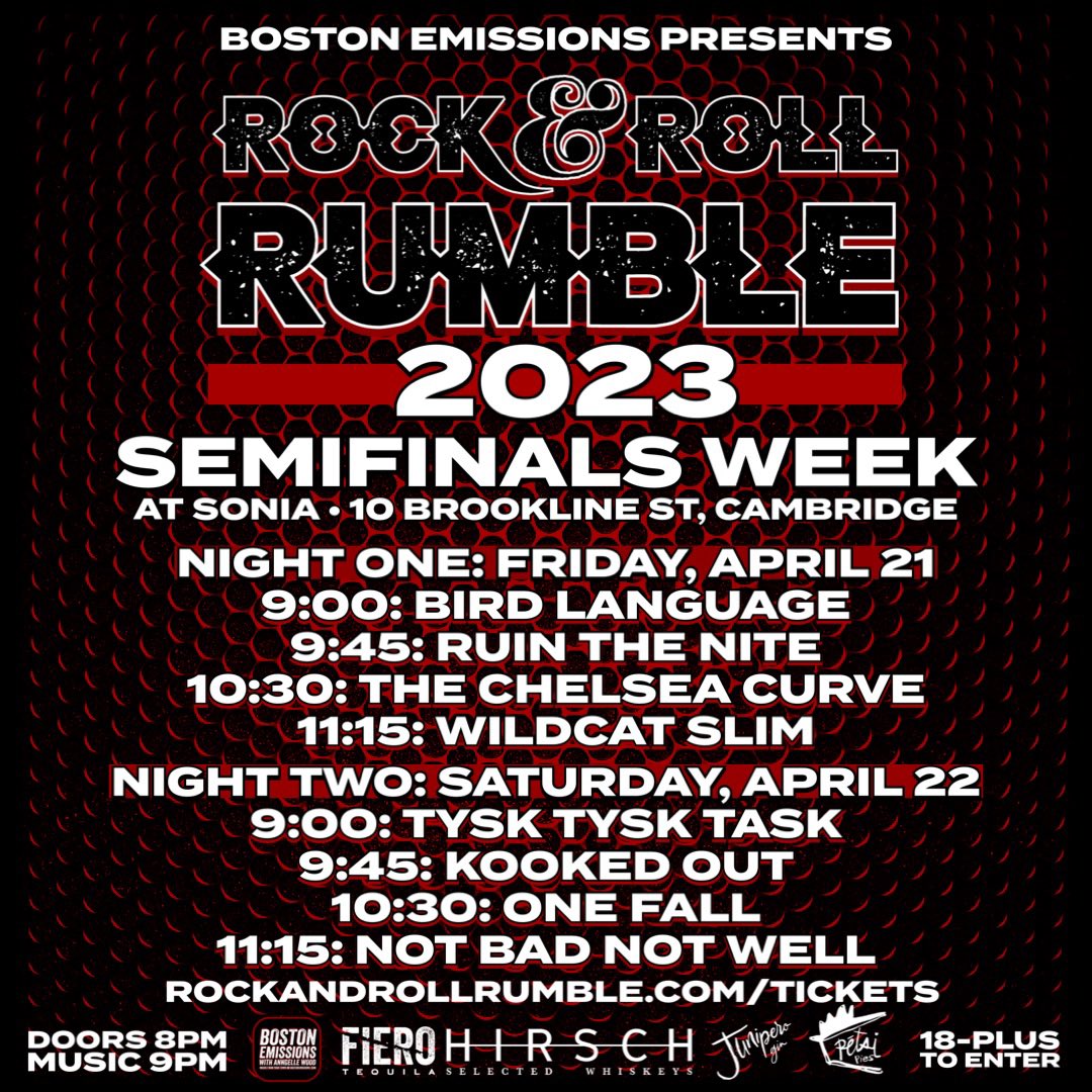 ⚡️Let’s go! Semifinals lineup:
Tonight at <a href="/soniamideast/">Sonia</a>: Bird Language, Ruin The Nite, The Chelsea Curve, Wildcat Slim!
Sat at <a href="/soniamideast/">Sonia</a>: Tysk Tysk Task, Kooked Out, One Fall, Not Bad Not Well! Get tickets 🎟️ bit.ly/RUMBLE2023tick…
Doors at 8, music at 9pm
#RUMBLE2023