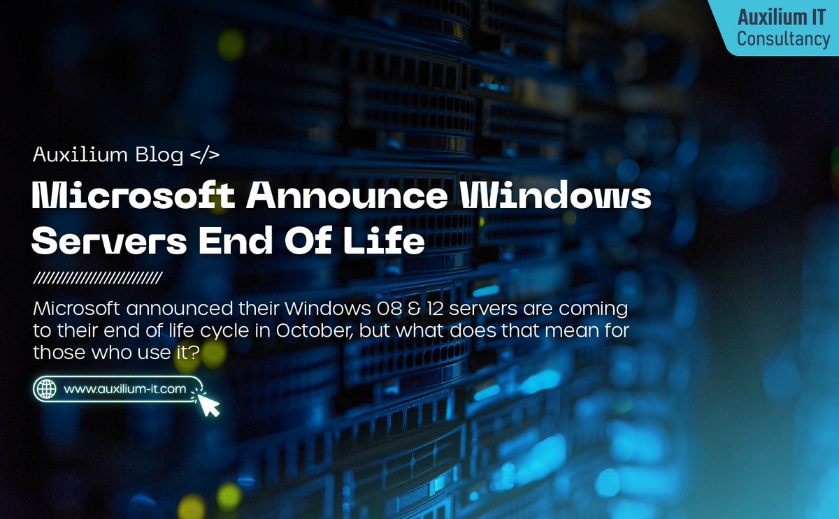 Auxilium_ITC's tweet image. Microsoft announce Windows servers End of Life💀
Windows 2008 &amp;amp; 2012 servers are coming to the end of life cycle in October. But what can you do if you use one of these servers?
Read our blog explains what 08 &amp;amp; 12 users can do to continue to operate securely
#Microsoft #ITserver